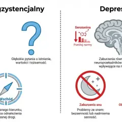 Kryzys egzystencjalny vs. depresja: drabina do celu, znak zapytania, kompas, mózg z zaburzeniami neuroprzekaźników, problemy ze snem i obniżony nastrój.