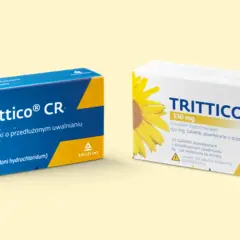 Opakowania leków Trittico CR i Trittico XR z motywem słonecznika.