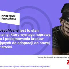 Mężczyzna z zasłoniętymi oczami symbolizuje kryzys psychiczny, stan wymagający wsparcia i adaptacji do nowej rzeczywistości.
