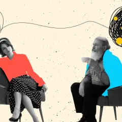 Kobieta i mężczyzna siedzą w fotelach, ich myśli połączone chaotycznymi liniami. Miłość z ADHD bywa skomplikowana, ale pełna barw.