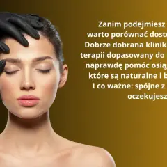Dłoń w czarnej rękawiczce delikatnie dotyka twarzy kobiety, sugerując zabieg medycyny estetycznej.