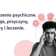Mężczyzna z rękami na skroniach, wyrażający cierpienie. Wokół niego symbole, które mogą oznaczać objawy wytwórcze zaburzeń psychicznych.
