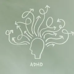 Rysunek głowy z wieloma strzałkami wychodzącymi z niej, symbolizującymi różne rodzaje ADHD i chaos myśli.