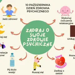 Ilustracja pokazuje różne sposoby na dbanie o siebie i zdrowie psychiczne: zdrowe jedzenie, sen, relacje, ruch, hobby, nawodnienie, relaks i unikanie używek.