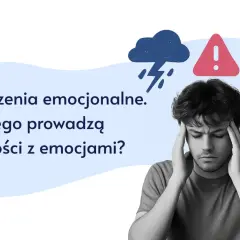 Młody mężczyzna z zaburzeniami emocjonalnymi trzyma się za głowę. Obok chmura burzowa, znak ostrzegawczy i złamane serce.