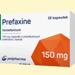 Opakowanie leku Prefaxine (wenlafaksyna) 150 mg, kapsułki o przedłużonym uwalnianiu, twarde. Pomoc w radzeniu sobie z załamaniem nerwowym.