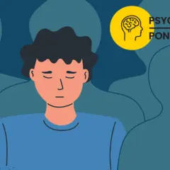 Smutny chłopak otoczony przez sylwetki. Czy to anhedonia co to? Symbol mózgu i napis "Psychologiczne Poniedziałki".