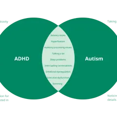 Wykres porównuje cechy ADHD i autyzmu, pokazując wspólne objawy, takie jak problemy sensoryczne i trudności z komunikacją. Zespół FAS nie jest tu uwzględniony.