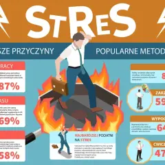 Człowiek w ogniu, symbolizujący skutki stresu. Infografika przedstawia przyczyny (nadmiar pracy, brak czasu, szef) i metody leczenia (hobby, zarządzanie czasem, wypoczynek, ćwiczenia oddechowe).