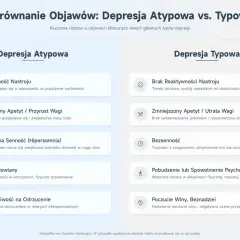 Porównanie objawów depresji atypowej i typowej: reaktywność nastroju, apetyt, senność, paraliż, nadwrażliwość na odrzucenie.