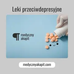 Ręka w rękawiczce wysypuje leki przeciwdepresyjne. Na niebieskim tle uśmiechnięta buźka z tabletek.