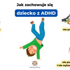 Ilustracja pokazuje zachowania dziecka z ADHD: łatwo się rozprasza, jest nadmiernie aktywne, nie potrafi utrzymać porządku i nie słucha.