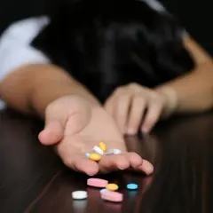 Otwarta dłoń z garścią tabletek, w tym Xanax, na co wskazują różne kolory i kształty. Osoba leży bezwładnie na stole.