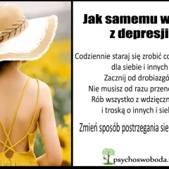 Kobieta w słomkowym kapeluszu na tle słoneczników. Tekst podpowiada, jak samemu wyjść z depresji: małe kroki, wdzięczność i zmiana perspektywy.