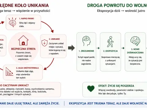 Cykl błędnego koła unikania: napad paniki, unikanie, ulga krótkotrwała, zawężanie życia. Droga do wolności: zrozumienie, ekspozycja, nowe doświadczenia, wolność.