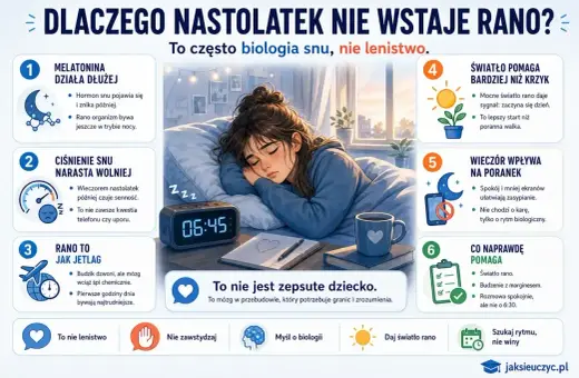 Dziewczyna śpi, budzik pokazuje 06:45. Problem z wysławianiem się i zapominanie słów u nastolatków to często biologia snu, nie lenistwo.