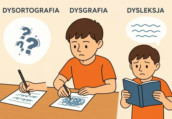 Chłopcy zmagają się z dysleksją, dysgrafią i dysortografią. Jeden pisze nieczytelnie, drugi tworzy bazgroły, a trzeci z trudem czyta.
