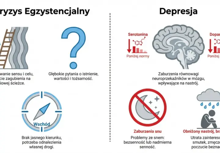 Kryzys egzystencjalny vs. depresja: drabina do celu, znak zapytania, kompas, mózg z zaburzeniami neuroprzekaźników, problemy ze snem i obniżony nastrój.