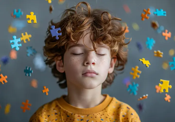 Chłopiec z piegami i kręconymi włosami, otoczony spadającymi elementami układanki. Czy to metafora tego, jak działa mózg przy ADHD?