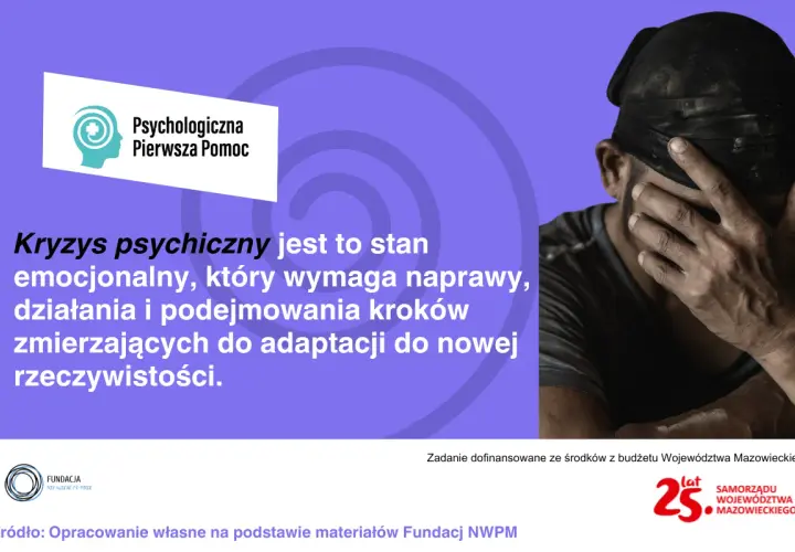 Mężczyzna z zasłoniętymi oczami symbolizuje kryzys psychiczny, stan wymagający wsparcia i adaptacji do nowej rzeczywistości.