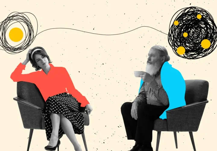 Kobieta i mężczyzna siedzą w fotelach, ich myśli połączone chaotycznymi liniami. Miłość z ADHD bywa skomplikowana, ale pełna barw.