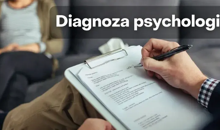 Psycholog diagnosta notuje podczas sesji. Na pierwszym planie dłoń pisząca na kartce, w tle siedząca osoba.