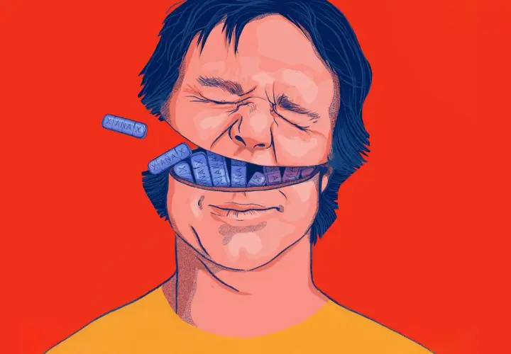 Otwarta głowa mężczyzny wypełniona tabletkami Xanax. Ilustracja przedstawia potencjalne xanax skutki uboczne.