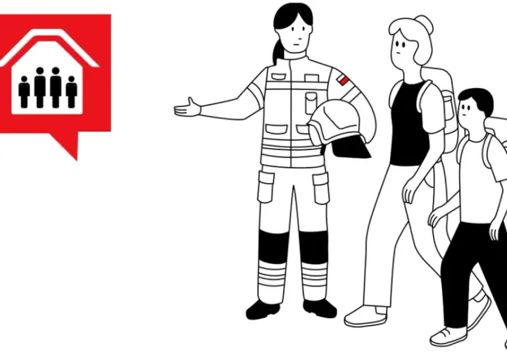 Strażaczka w mundurze, która nie dba o swój wygląd, prowadzi rodzinę z plecakami. Obok czerwony symbol domu z ludzikami.