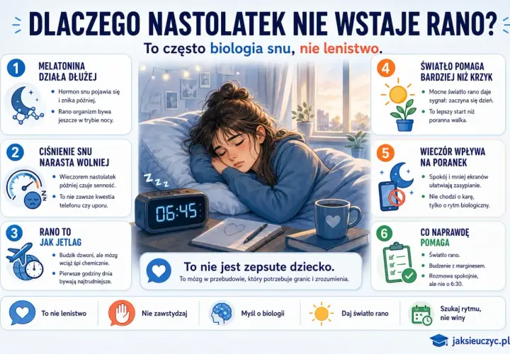 Ilustracja wyjaśnia problemy nastolatków z porannym wstawaniem, podkreślając biologię snu, a nie lenistwo. Pokazuje śpiącą nastolatkę i punkty dotyczące melatoniny, ciśnienia snu, rytmu dobowego i wpływu światła.