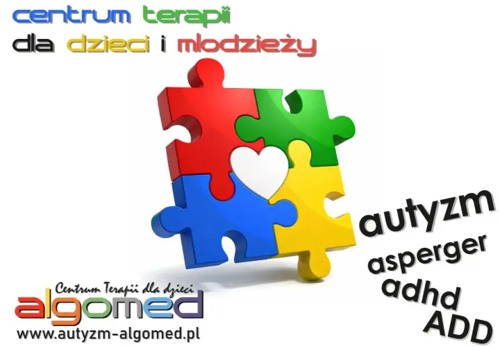 Centrum terapii dla dzieci i młodzieży. Rozpoznaj pierwsze objawy Aspergera u swoich dzieci. Puzzle symbolizują autyzm, ADHD, ADD.