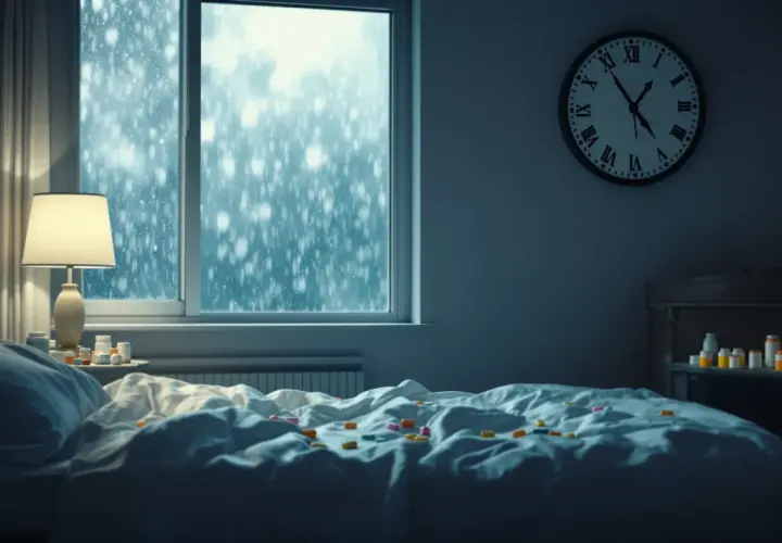 Pokój szpitalny, okno z padającym śniegiem, łóżko z lekami. Zegar wskazuje późną noc. Ile trwa pobyt w szpitalu psychiatrycznym depresja?