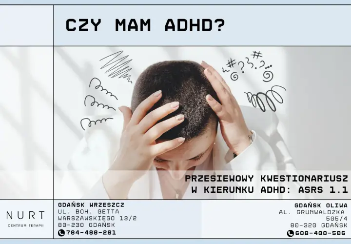 Kobieta z rękami na głowie, otoczona chaotycznymi rysunkami, symbolizującymi trudności z koncentracją. Pytanie "Czy mam ADHD?" i kwestionariusz ASRS 1.1.