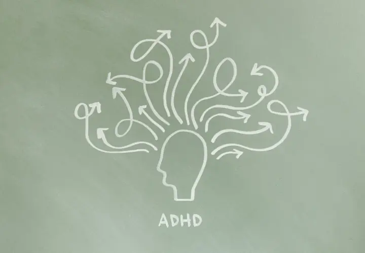 Rysunek głowy z wieloma strzałkami wychodzącymi z niej, symbolizującymi różne rodzaje ADHD i chaos myśli.