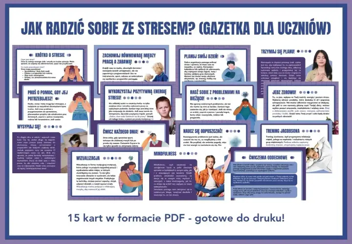 Jak radzić sobie ze stresem? 15 kart PDF. Porady jak się uspokoić, planować dzień, ćwiczyć i jeść zdrowo.