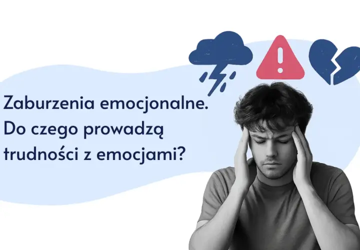 Młody mężczyzna z zaburzeniami emocjonalnymi trzyma się za głowę. Obok chmura burzowa, znak ostrzegawczy i złamane serce.