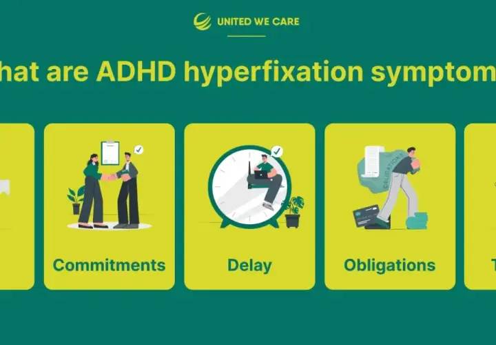 Objawy hiperfiksacji ADHD: skupienie, zobowiązania, opóźnienia, obowiązki i myśli.