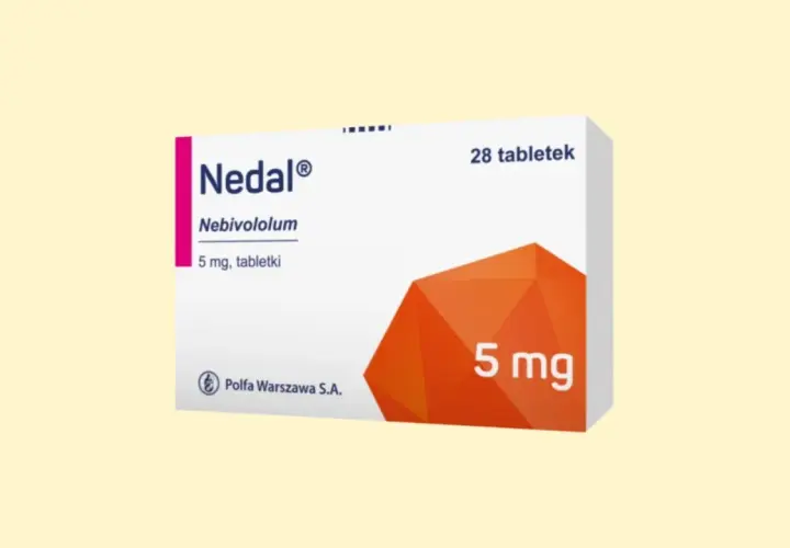 Opakowanie leku Nedal 5 mg, zawierającego nebivololum. Pomaga w leczeniu nadciśnienia, nie na nerwicę.