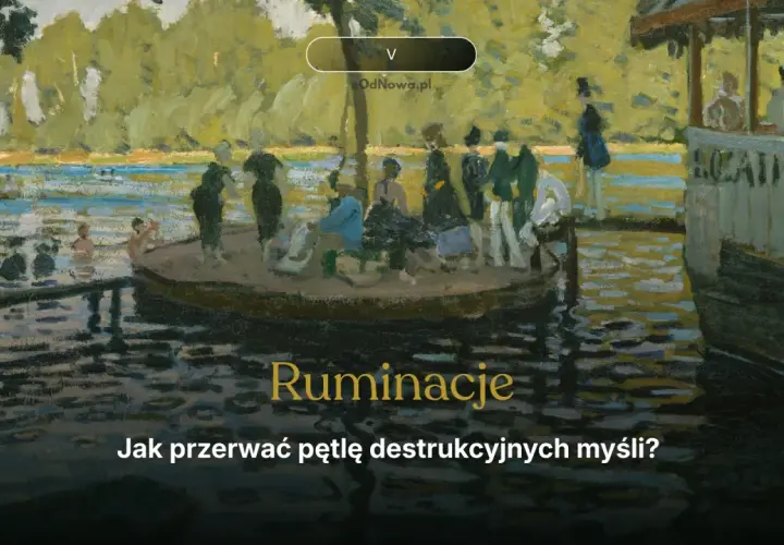 Ruminacje: jak przerwać pętlę destrukcyjnych myśli? Obraz przedstawia ludzi na łodzi i w wodzie, w letniej scenerii.
