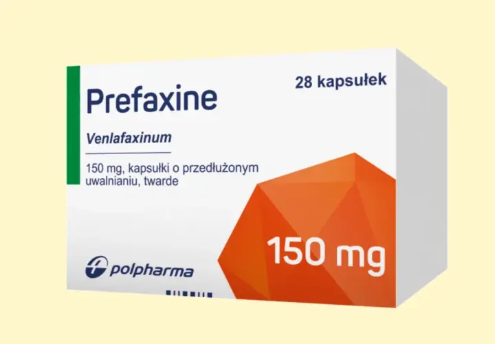 Opakowanie leku Prefaxine (wenlafaksyna) 150 mg, kapsułki o przedłużonym uwalnianiu, twarde. Pomoc w radzeniu sobie z załamaniem nerwowym.