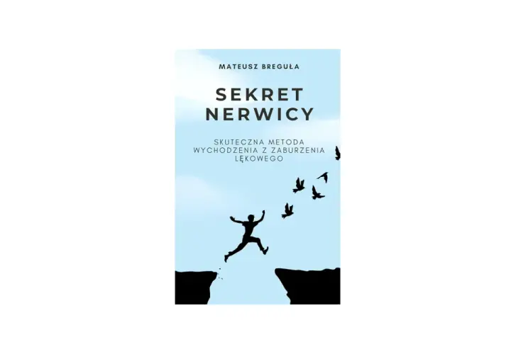 Okładka książki "Sekret Nerwicy" Mateusza Breguły. Sylwetka człowieka skacze przez przepaść, symbolizując etapy wychodzenia z nerwicy.