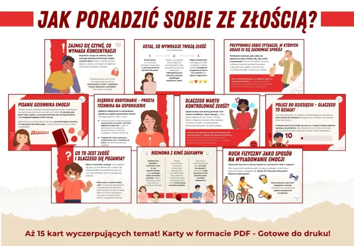 Chłopiec z zaciśniętymi pięściami i wykrzywioną twarzą wyraża złość. Obok niego tekst o tym, jak radzić sobie z tym uczuciem.