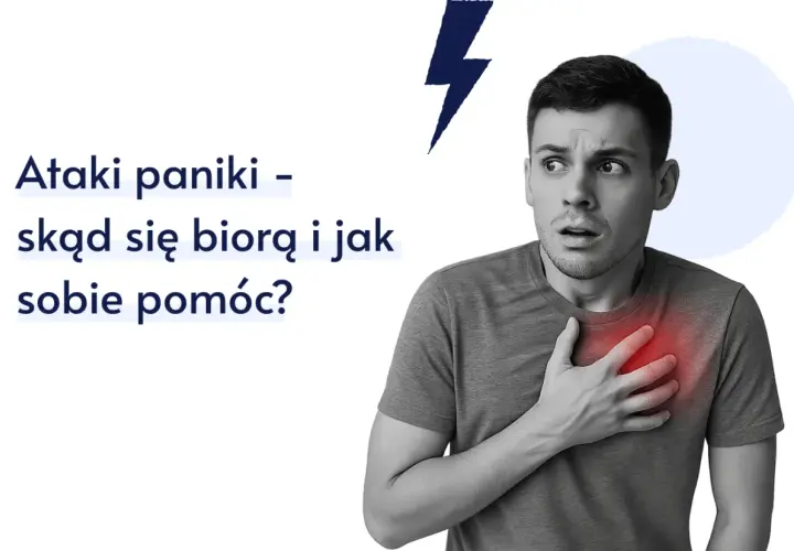 Młody mężczyzna z przerażeniem na twarzy trzyma rękę na sercu, symbolizując ataki paniki – skąd się biorą i jak sobie pomóc.