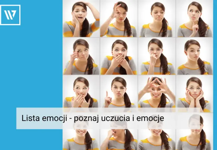 Siatka zdjęć młodej kobiety wyrażającej różne uczucia i emocje: radość, smutek, zdziwienie, złość.