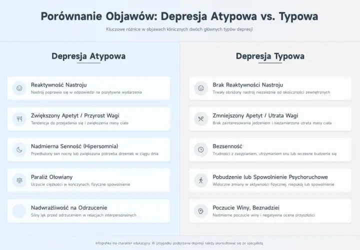 Porównanie objawów depresji atypowej i typowej: reaktywność nastroju, apetyt, senność, paraliż, nadwrażliwość na odrzucenie.