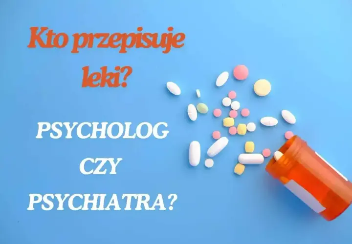 Leki na poprawę nastroju od psychiatry. Pigułki rozsypane z pomarańczowej buteleczki na niebieskim tle.