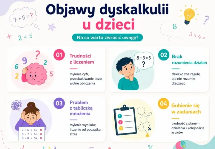 Objawy dyskalkulii u dzieci: trudności z liczeniem, brak rozumienia działań, problem z tabliczką mnożenia, gubienie się w zadaniach.