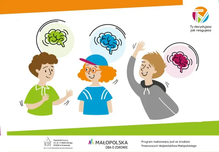 Trójka dzieci z mózgami nad głowami. Ilustracja pokazuje, jak sensoryka co to wpływa na nasze reakcje.