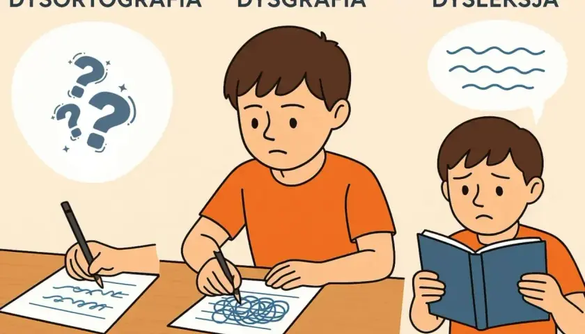 Chłopcy zmagają się z dysleksją, dysgrafią i dysortografią. Jeden pisze nieczytelnie, drugi tworzy bazgroły, a trzeci z trudem czyta.