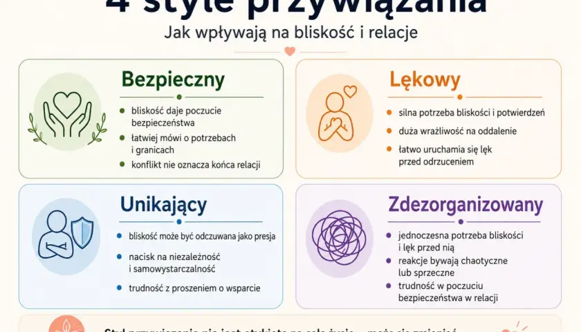 4 style przywiązania: bezpieczny, lękowy, unikający, zdezorganizowany. Każdy z nich wpływa na bliskość i relacje, a unikowy styl przywiązania może być trudny.