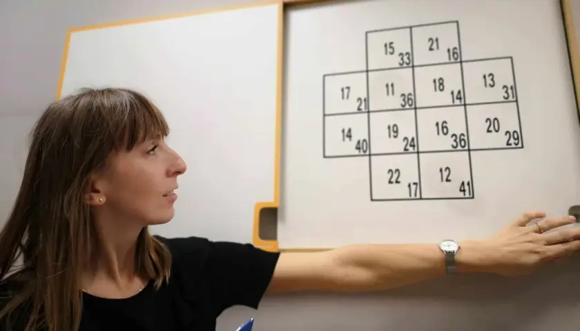 Kobieta wskazuje na tablicę z zadaniami, które mogą być częścią psychotestów. Pytania i odpowiedzi w formie liczb.
